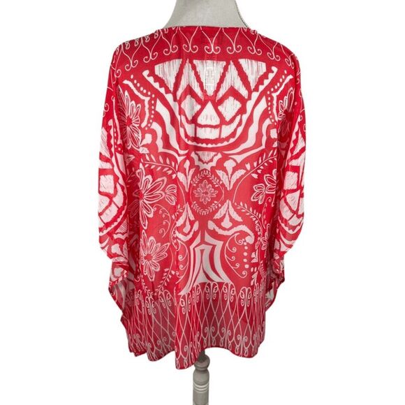 Chicos Red Poncho Semi Sheer Floral Boho Print Topper Cover Up Beachy Size L/XL - Picture 3 of 9